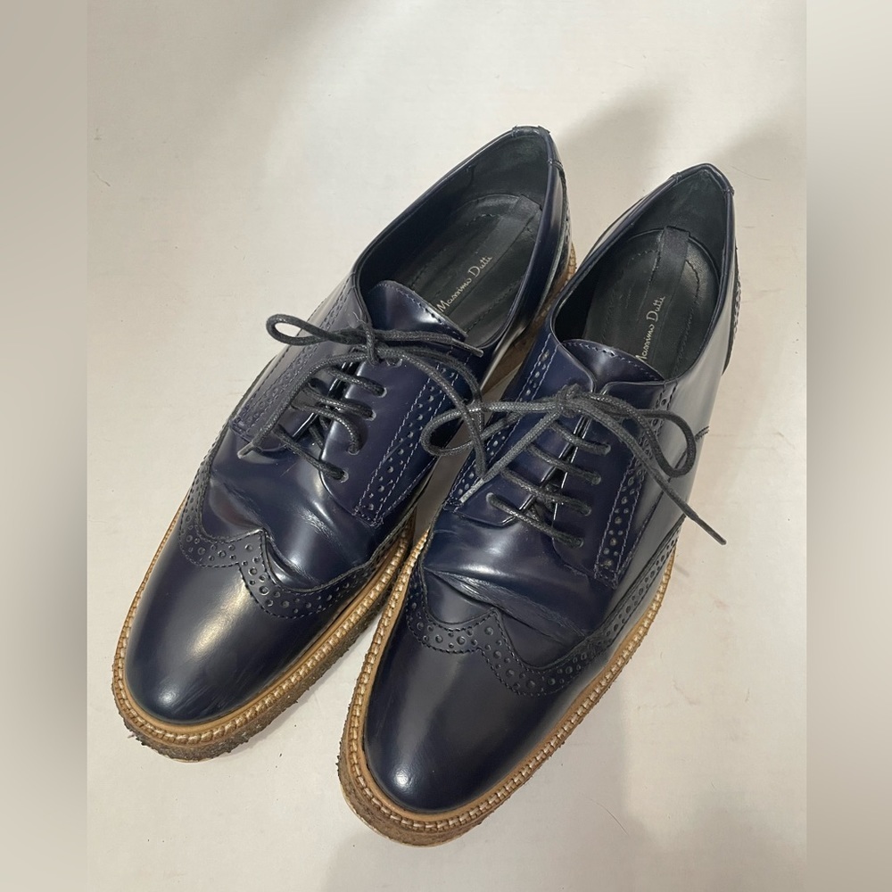 MASSIMO DUTTI Dark Navy Blue Glossy Leather Wedge Oxford Shoes Woman’s 38/7.5